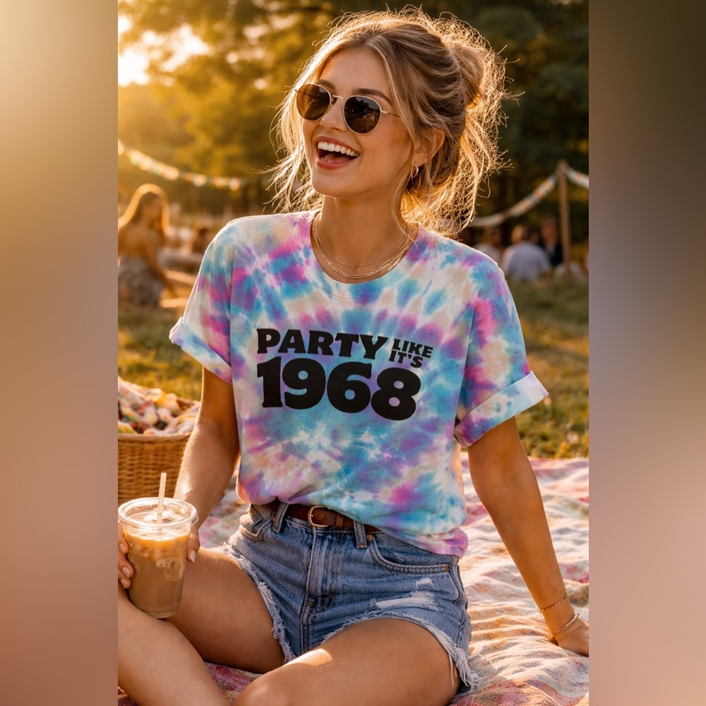 Custom 1968 Themed Tie Dye Colorful Rainbow Tee Size Small